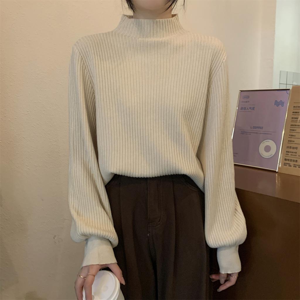 Semi-turtleneck lazy loose bottomed sweater women's autumn and winter interior chic lantern sleeve knitted top