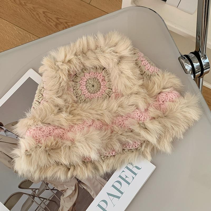 

Knitted Hair Rabbit Woolly Hat Female Autumn Winter Cute Everything Casual Warm розовый