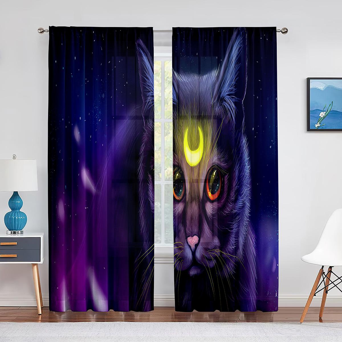 

Прозрачные шторы с милым котом в стиле фэнтези для гостиной, кухни, животных, Тюль, вуаль, пряжа для окон, занавески для декора спальни 1 PCS W100XH250cm&Grommet Top