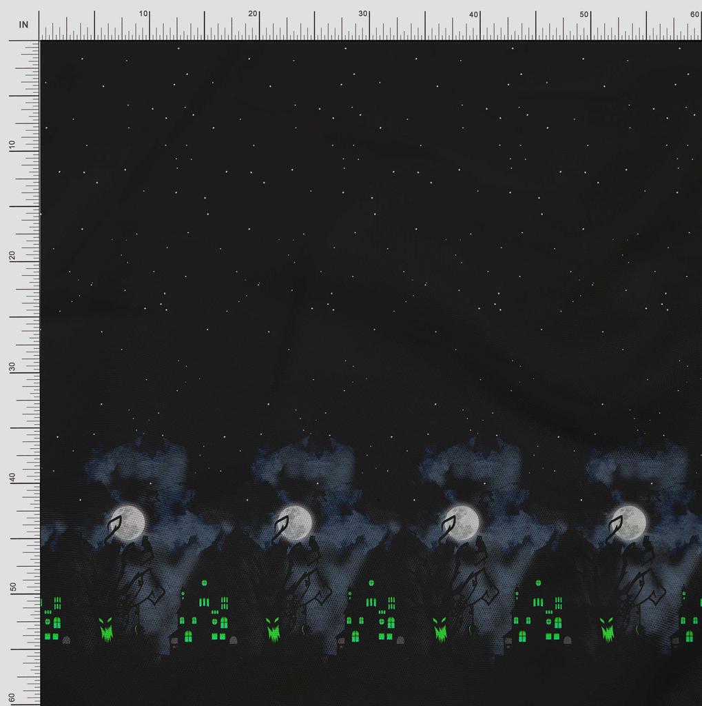 Soimoi Japan Crepe Satin Fabric Tree|Moon & Haunted House Panel Printed Craft Fabric by the Metre 42 Inch