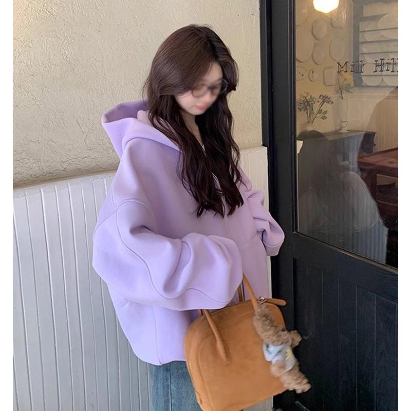 

Women s Korean Style Fleece-Lined Hooded Sweatshirt Jacket for Autumn & Winter - Thick, Loose, Petite Fit Large