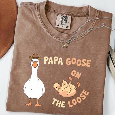 Papa Goose On The Loose Shirt, Funny Sarcastic Father's Day Gift Tee, Minimalist Line Art Goose T-Shirt, Grumpy Tired Dad Silhouette Graphic