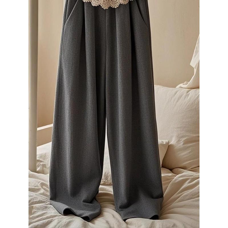 Women's Spring Summer Trendy Lace Trim High Waist Wide Leg Suit Pants Slimming Casual Straight Leg Floor-length Trousers