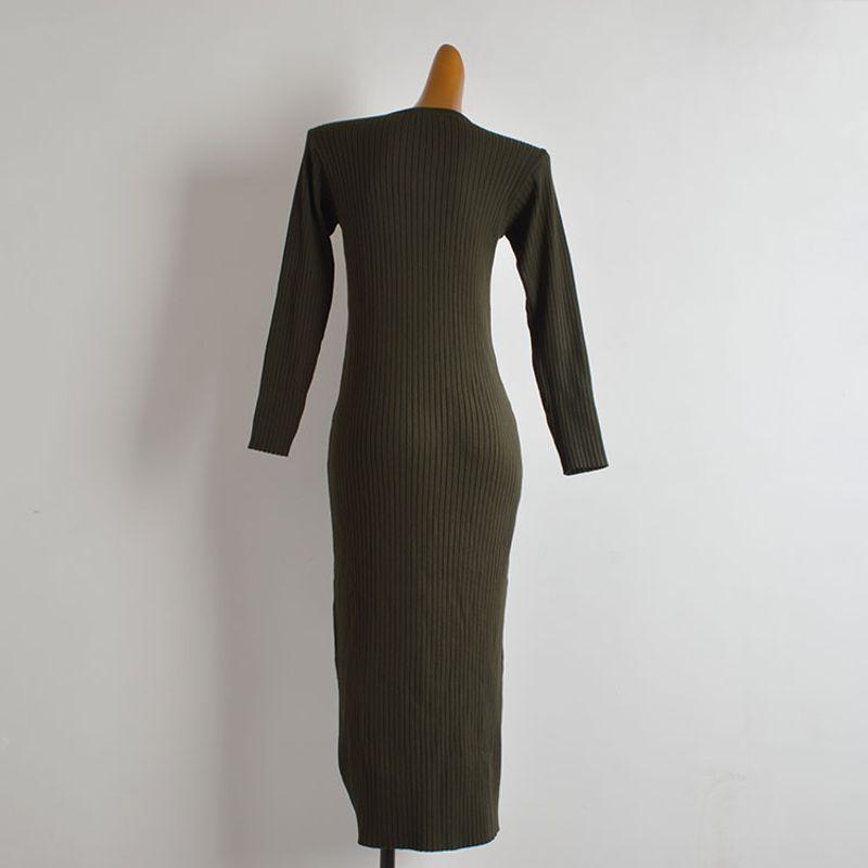 New Arrival Pure Color Round Neck Pullover Long Sleeves Knitting Dress Women's Clothing Fall Slim Fit Slim Looking Below the Knee Long Dress