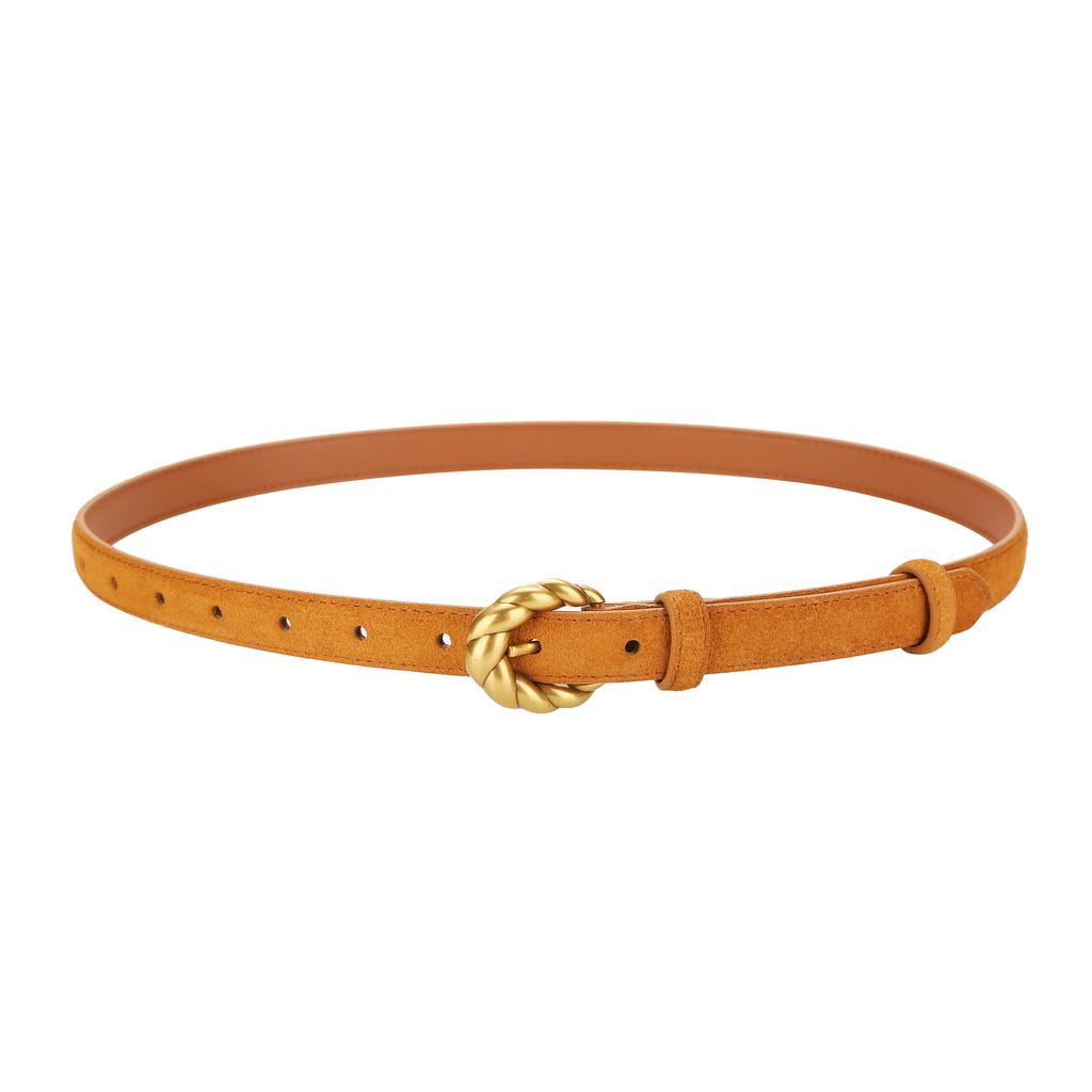 Genuine Leather Suede Women Belt Fashion Skinny Waistband Retro Gold Buckle Brown Belts for Jeans Pants and Dresses