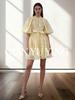 Solid Color Pleated Lace Puff Sleeve Dress with Belted Waist and Stand Collar