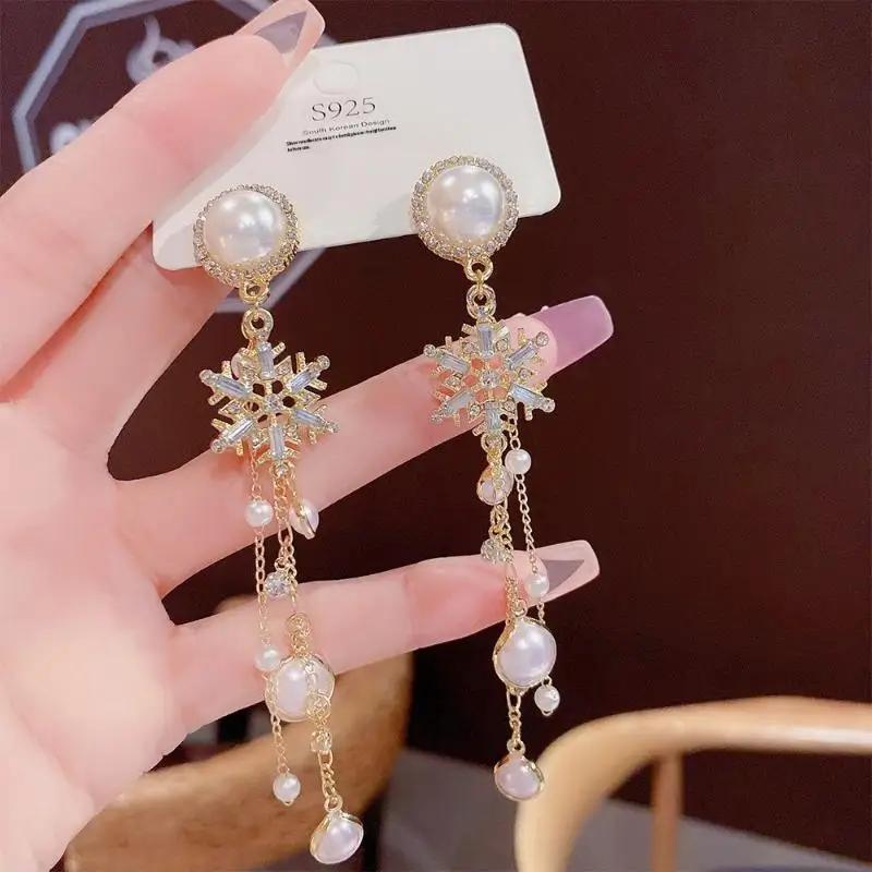 1 Pair Dangle Earrings Bowknot Shape Shining Rhinestones Lady Earrings Heart Imitation Pearls Tassel Jewelry Accessory