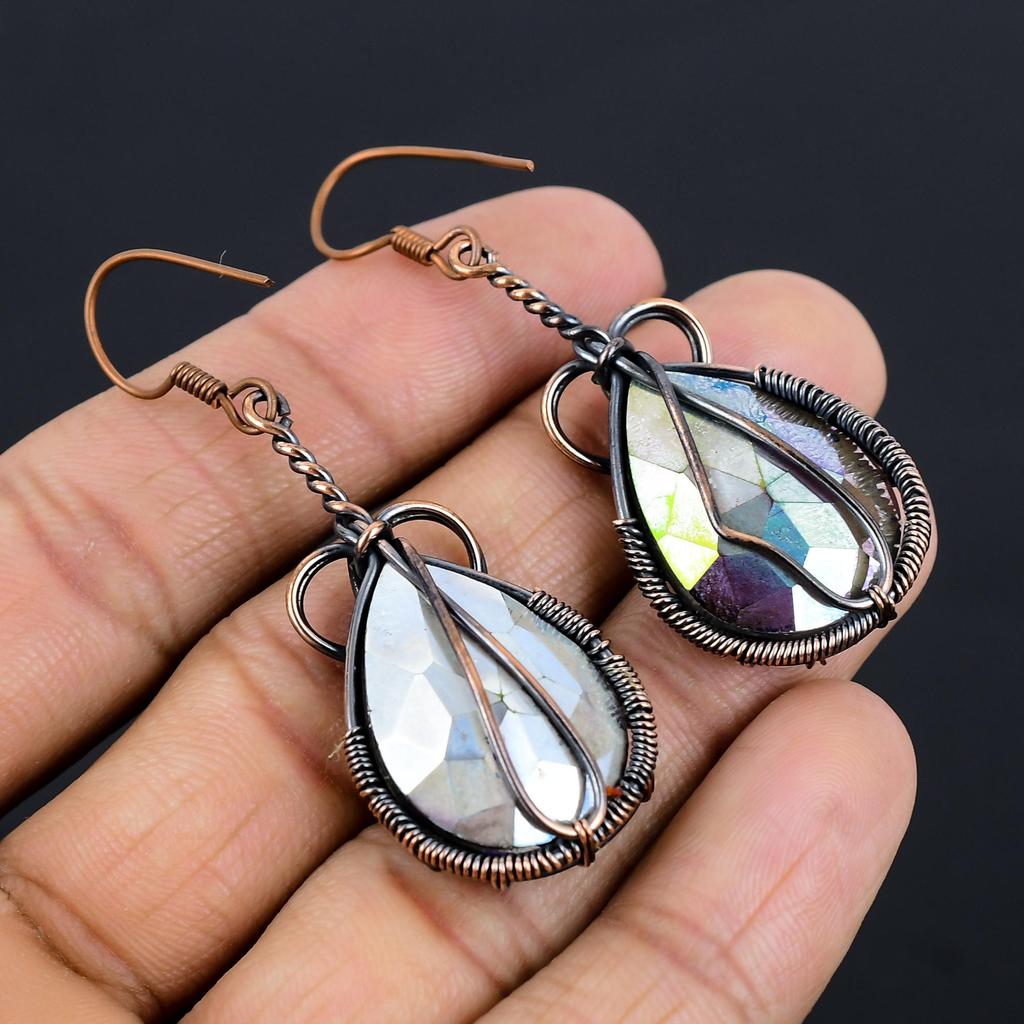 Rainbow & Mystic Topaz Earrings Gemstone Jewelry, 999 Copper Wire Wrapped Earrings, Handmade Beautiful Jewelry Earrings