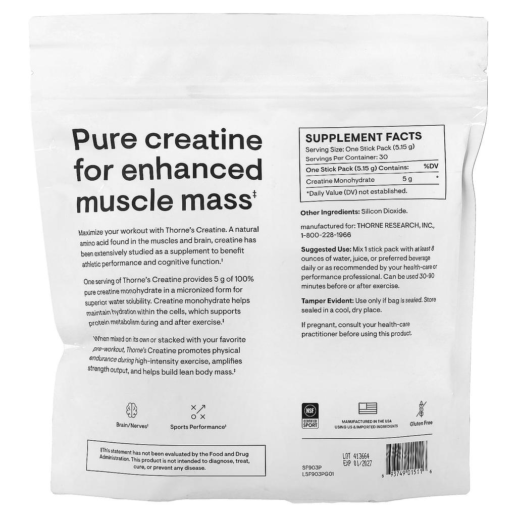 Thorne Kreatyna, 30 saszetek, 5,15 g (0,18 uncji) Każdy
