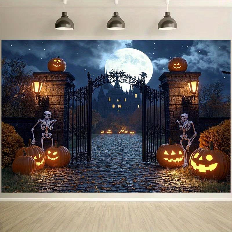 1 Halloween background with skull, lantern, full moon, and terrifying castle gate - Halloween decoration