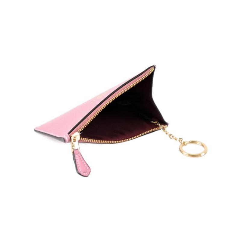 Coach Key Case 13 Solid Color Letter Logo Zipper Pebbled Leather Coin Purse Key Bag Wallet Women's Pink
