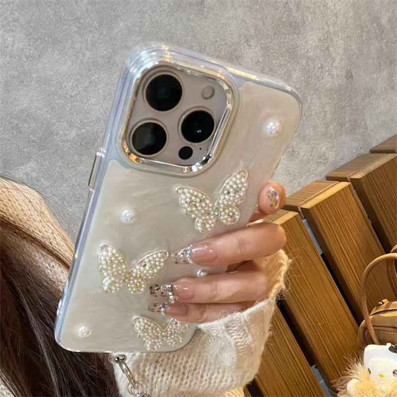 Pearl Butterfly Phone Case for iPhone 16 Pro, 17 Pro Max, 15 Pro Max, and 13