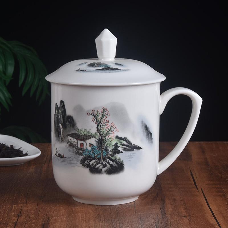 Ceramic teacup 900ML large-capacity office cup conference cup with lid gift cup set household water cup