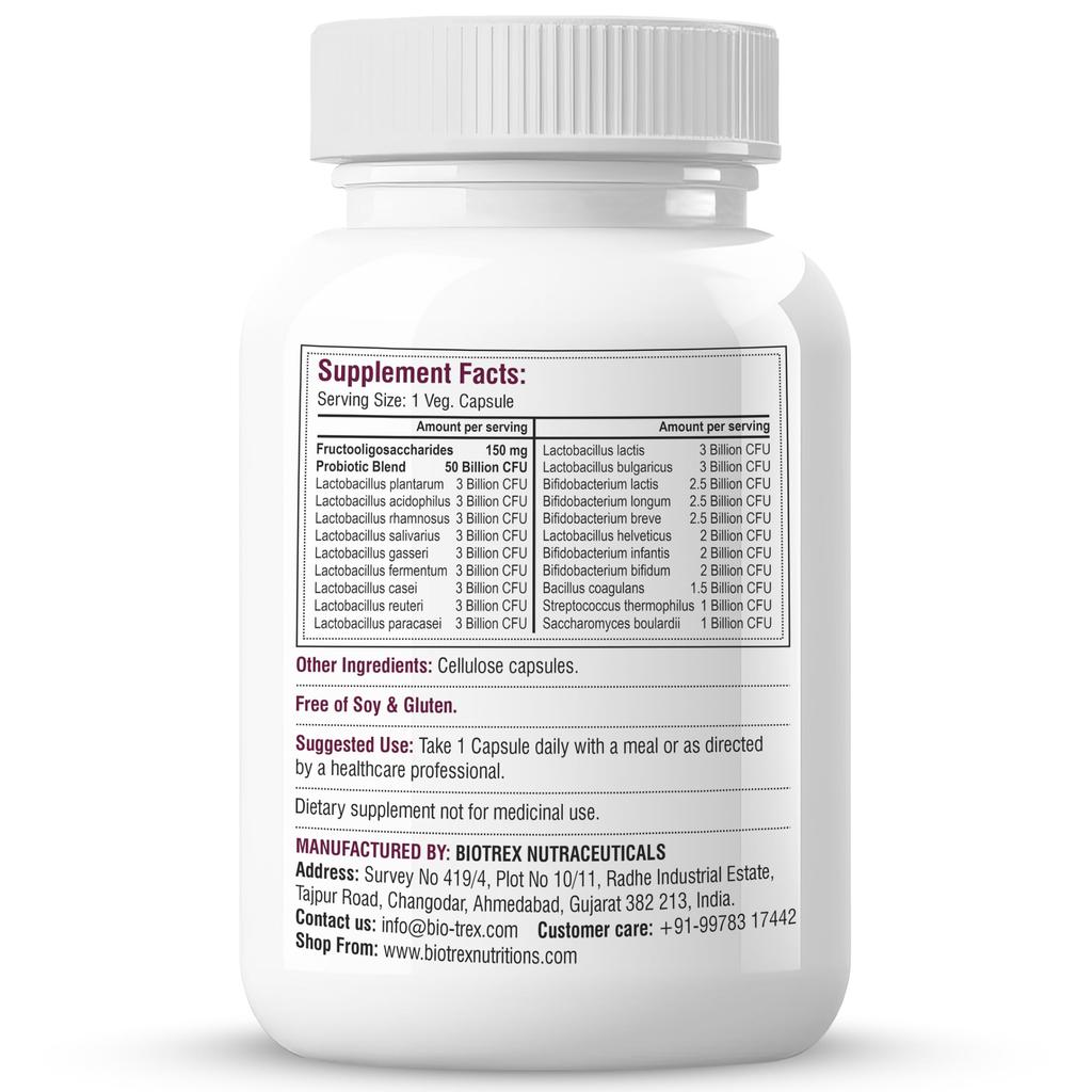 Biotrex Nutraceuticals Probiotics 50 Billion With 150mg Prebiotics Supplement For Gut Health - 60 Capsules
