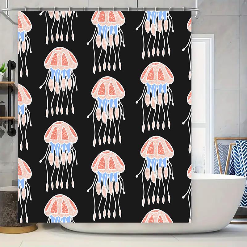 

Beautiful Jellyfish Print Shower Curtain Decorations Waterproof Fabric For Bathroom Decor Black Blue With White Tails (Size: 72X W60H190(CM)-1 Pcs