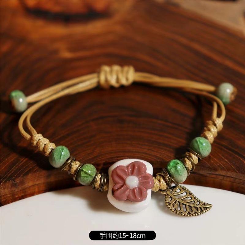 Retro ceramic flower woven bracelet niche literary hand rope small fresh bell bracelet female
