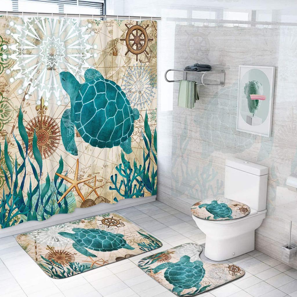 Coastal Marine Shower Curtain: Dolphin, Starfish, Seahorse, Seashell, Sea Turtle - Moisture-Proof, Mildew-Resistant, Waterproof, Beach Bathroom Décor