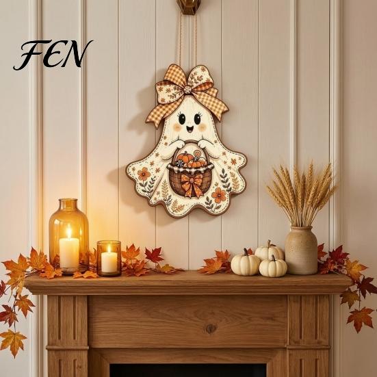Vintage Style Halloween Sign Cute Bow Ghost Hanging Sign, Rustic Retro Floral Door with Pumpkin Party Background Decor Basket, Wooden Pendant