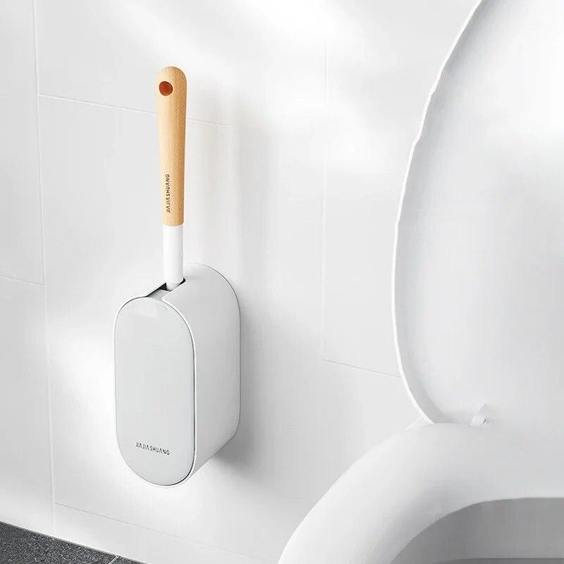 Toilettenbürste mit Holzgriff und Halter, gebogenes Design, abgewinkelte Reinigungsbürste, WC-Wand-Toilettenbürste, Badezimmerzubehör