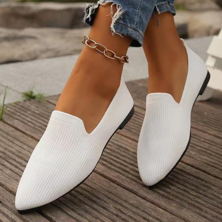 European and American large-size pointed fly-woven flat-soled single shoes, women's one-pedal shallow-mouth breathable four-season work shoes