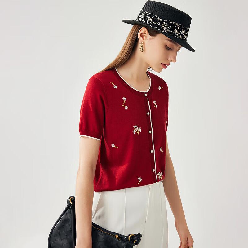 Zhaojun Women's Spring/Summer Embroidered Knit Short Sleeve Cardigan