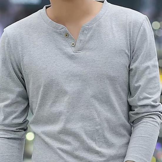 Men T-shirt V Neck Buttons Decoration Slim All Match Spring Base Shirt for Daily Wear