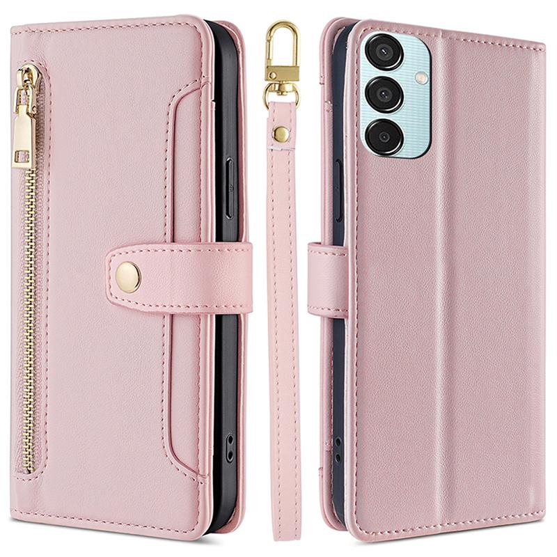 For Samsung Galaxy M15 5G Leather Case Wallet Zipper Phone Cover with 2 Straps