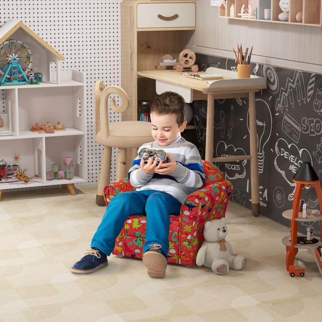 Kids Armchair with Dinosaur Design, Wooden Frame, for Bedroom, Playroom, Kids Room - Red