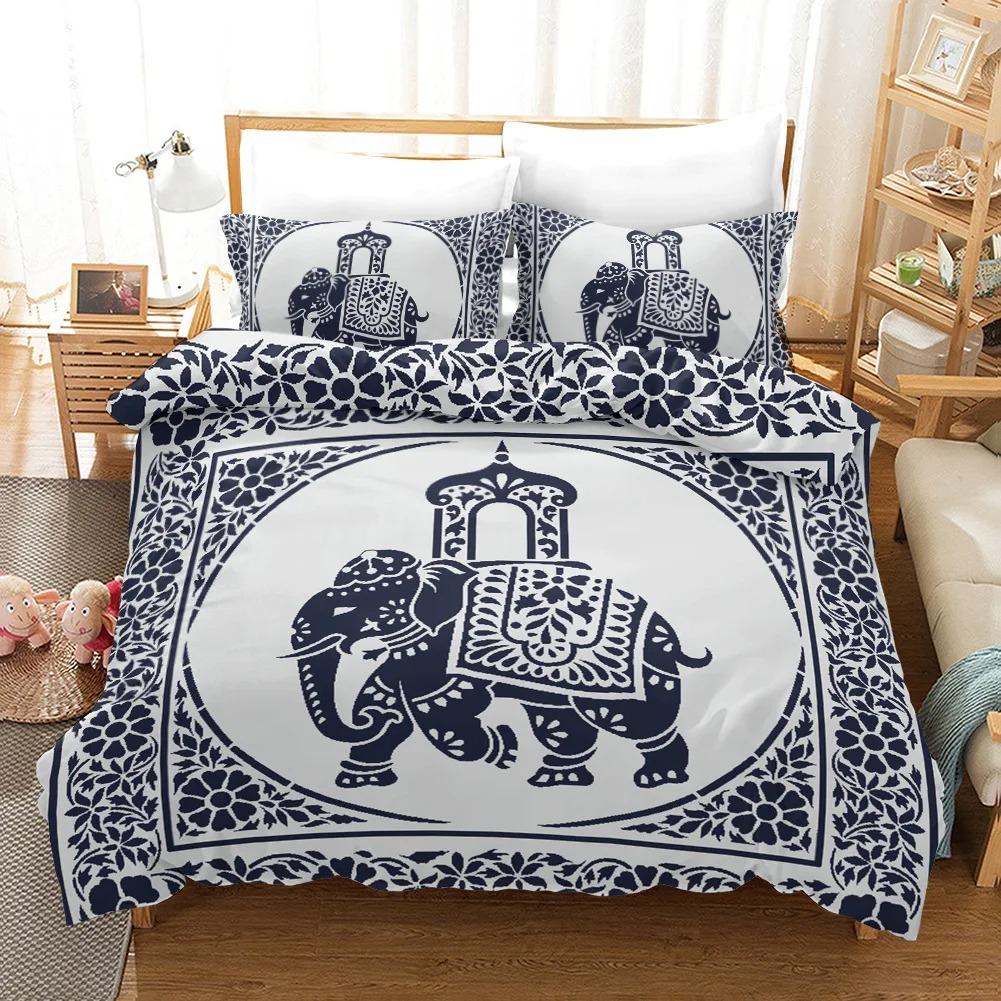 Bettbezug-Set mit Elefantenmotiv im Bohemian-Stil, Boho-Tribal- und exotischer Polyester-Bettbezug für Männer, Frauen und Kinder, 3D-Druck mit Elefanten-Lebensbaum