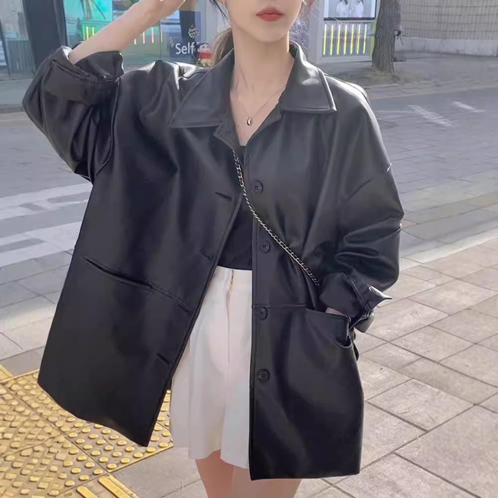 Women's Fall Loose-Fit PU Leather Jacket, Korean-Style Elegant Lapel Biker Jacket, Simple Cardigan Top