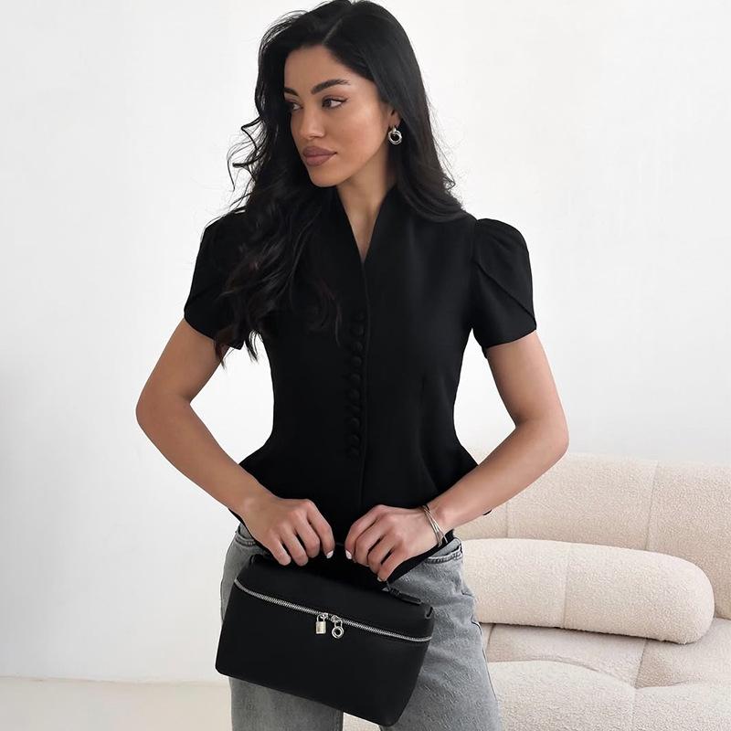 Women's Black V Neck Puff Sleeve Crop Top with Buttons and Side Cutouts