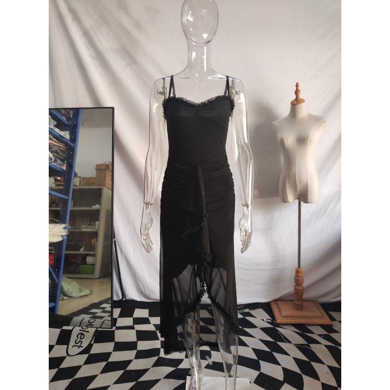 New Sexy Ruffle Edge Dress Slim-fitting Suspender Holiday Dress XS чёрный