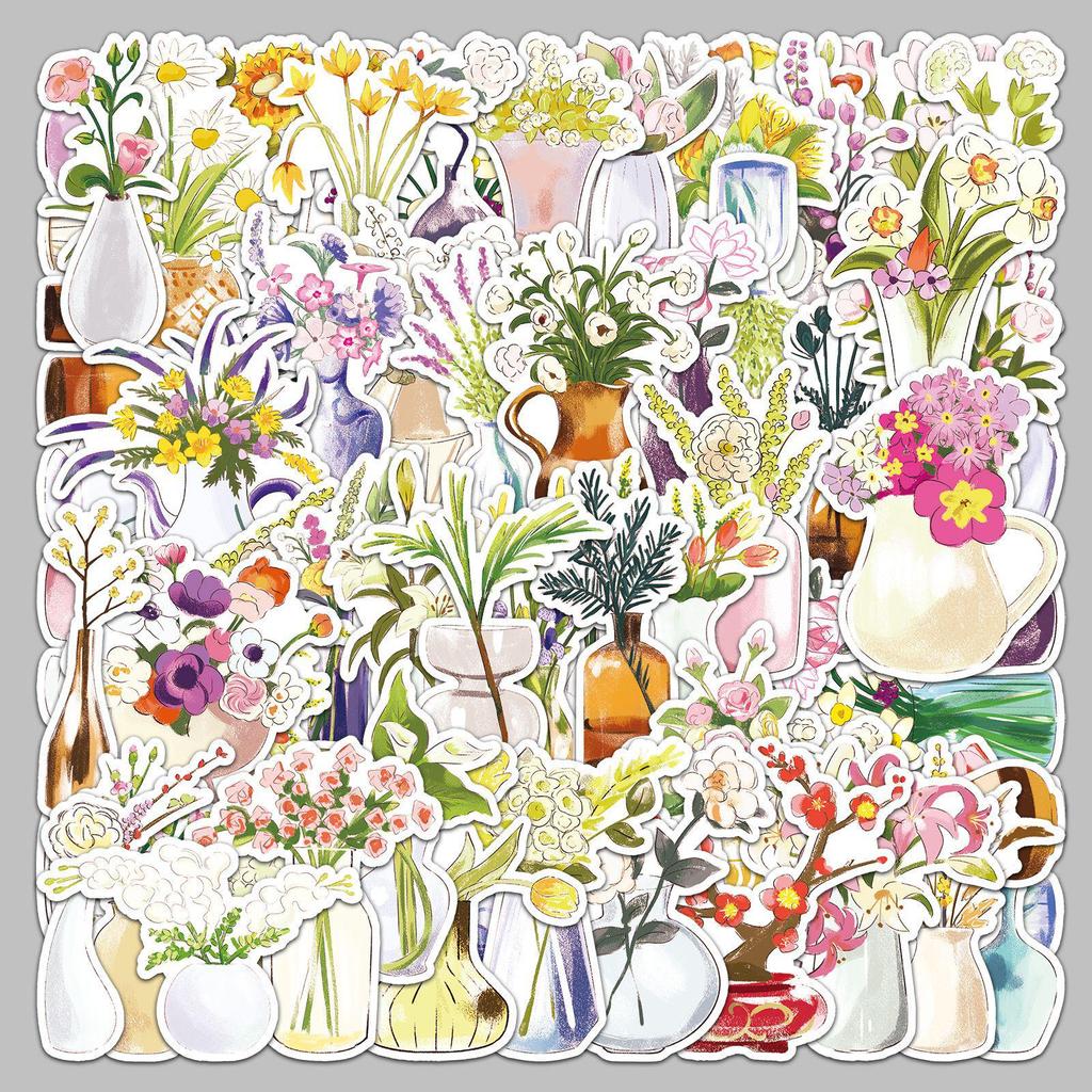 50 Hand-Painted Vase Stickers: Fresh Flower Cartoon, Waterproof & Decorative for Journals
