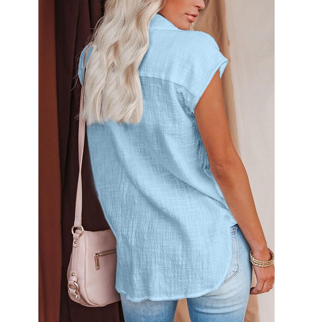 Women's Casual Fashion Short Sleeve Solid Color Single Breasted Shirt Top