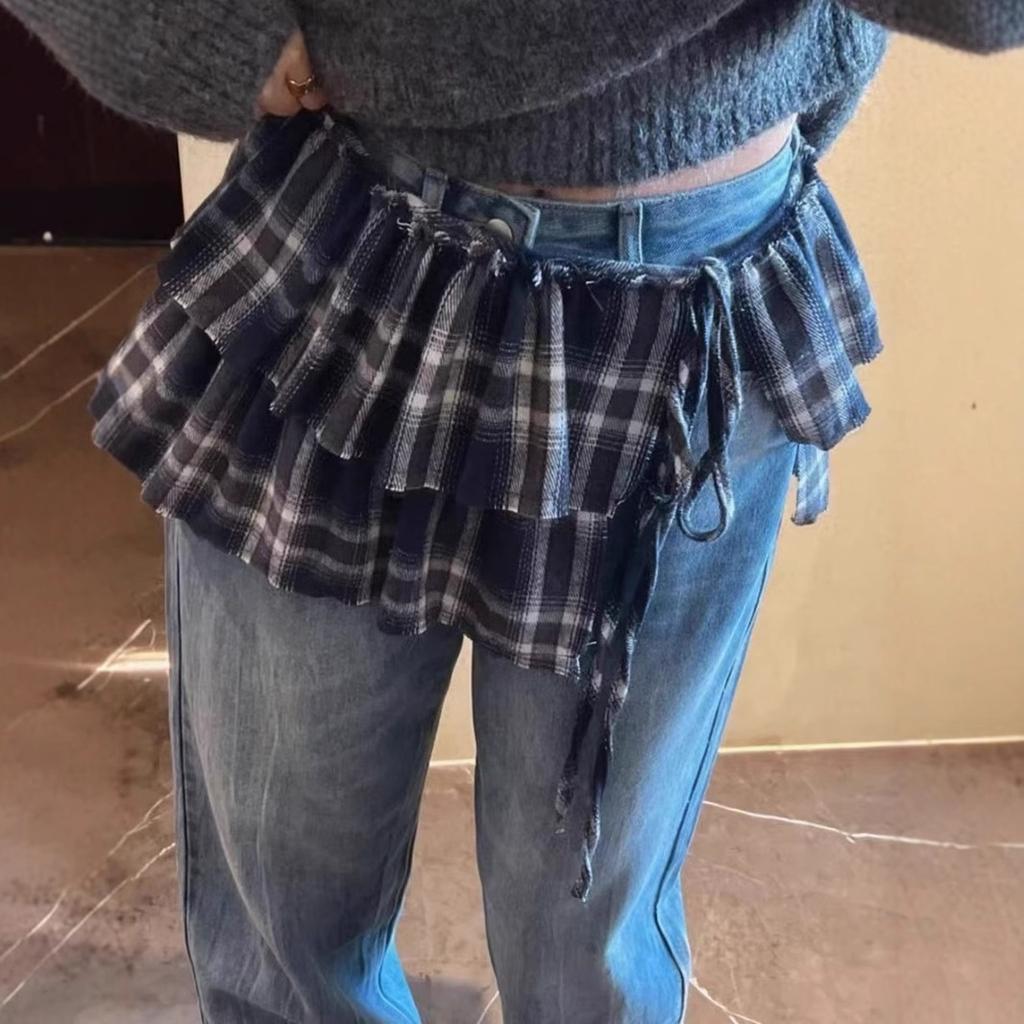 Temperament Tassel Edge Double-Layer Lace-Up Plaid Fart Curtain Short Skirt Stacked Through Skirt Curtain