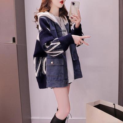 DIMANAF 2023 Winter Plus Size Autumn Women Denim Patchwork Sweaters Jacket Knitting Fashion Oversize Casual Coat Loose Cardigan Sweater