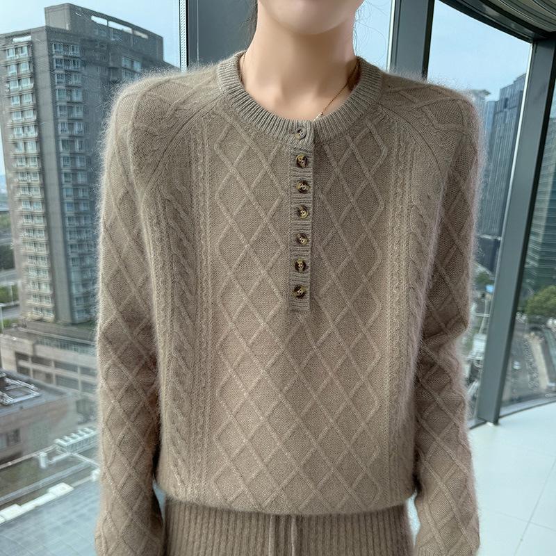 Lekasha 100% Cashmere Mink Velvet Seven-Button Cable Knit Sweater