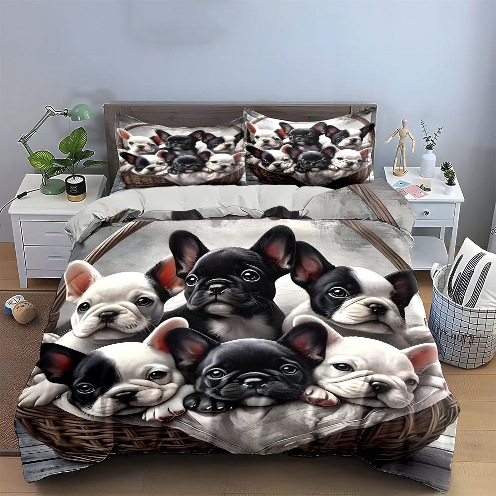 French Bulldog Puppies Basket Bedding Duvet Cover Set (1*Duvet Cover 2*Pillowcases, without duvet insert)
