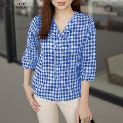 Womens Casual V-Neck 3/4 Sleeve Loose Plaid Print Blouse