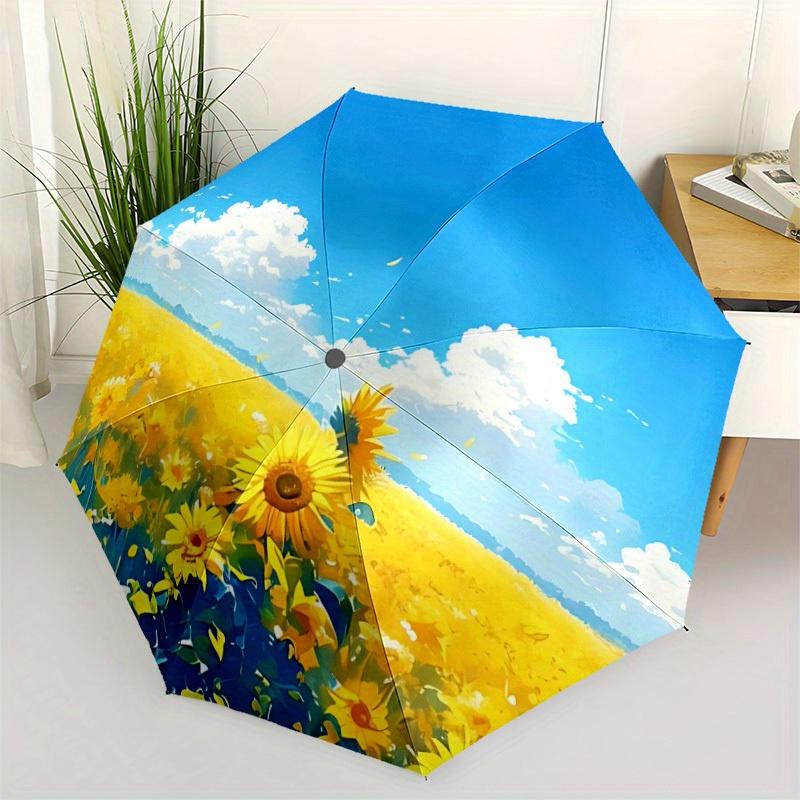 1pc Sunflower Field Auto Open/close, All-Season Portable Folding Umbrella for Women & Men, Travel, Everyday, Formal Events - Compact Luxury Parasol, O