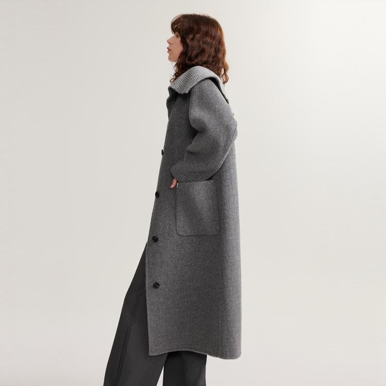 ELLE Single Breasted Solid Color Long Double Faced Wool Soft Coat Women Coats Medium-Gray EN48841