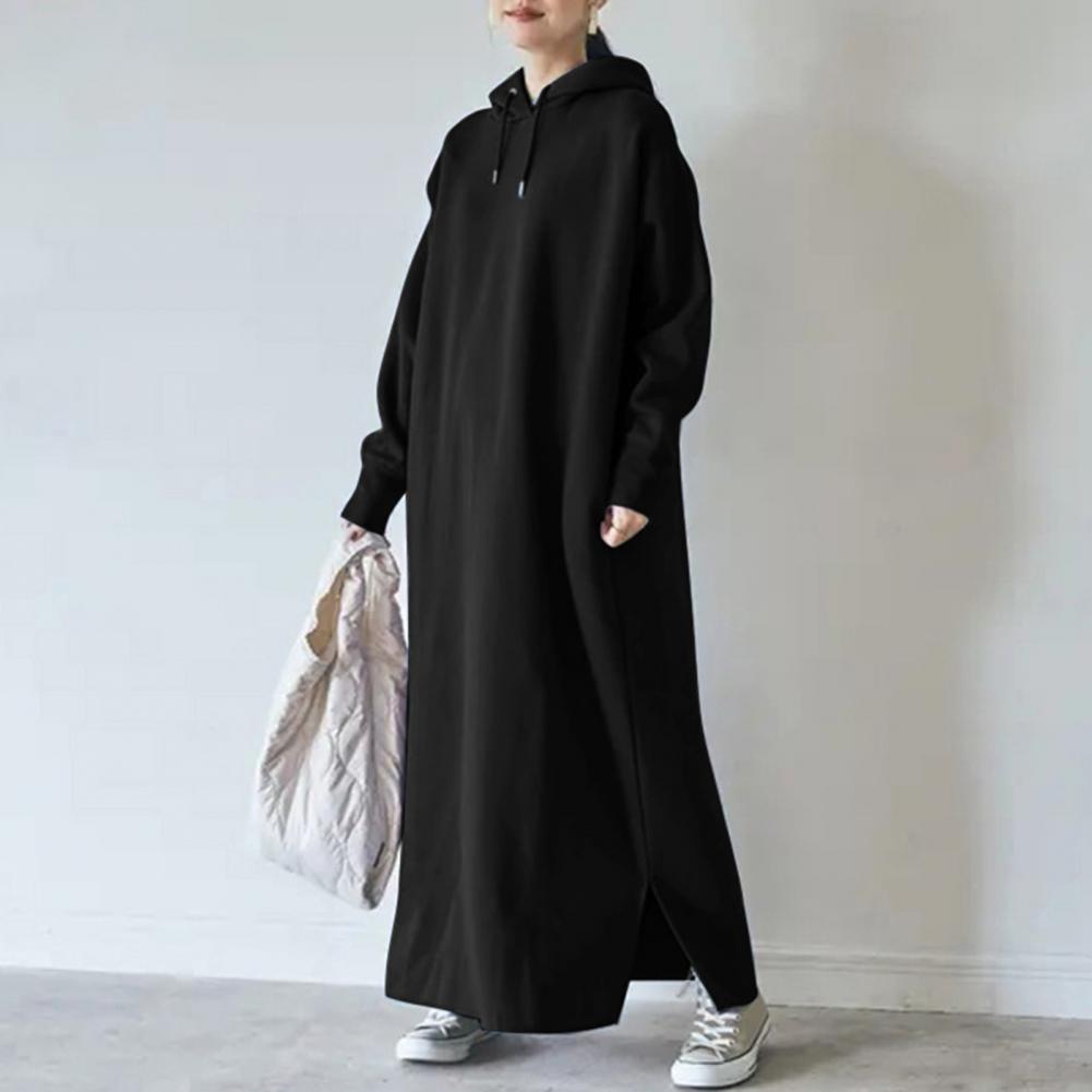 Women Sweatshirt Dress Drawstring Long Sleeve Side Split Hem Pullover Dress Thickened Fleece Lining Hooded Maxi Dress