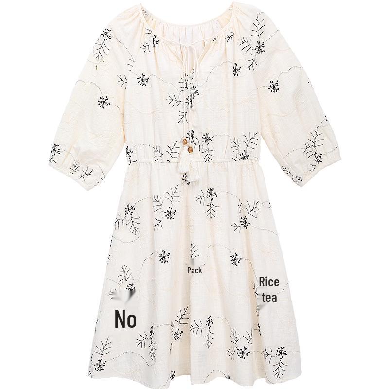 Betu 2026 Spring Floral Embroidered Seven-Quarter Sleeve Dress