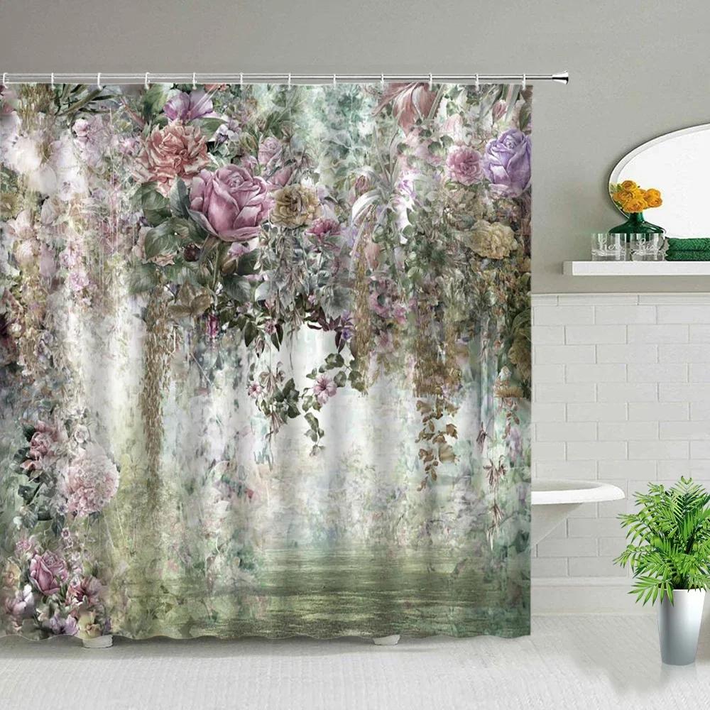 Flowers Plant Shower Curtains Beautiful Flower Purple Bathroom Decor Bathroom Screen Polyester Frabic Waterproof Cloth Curtains