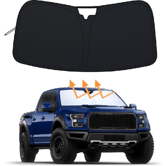 PIMCAR Windshield Sun Shade For Ford F150 -2025 | Premium 310T Reflective UV & Heat Protection |  Fit Foldable Sunshade With Storage Pouch, Dashboard