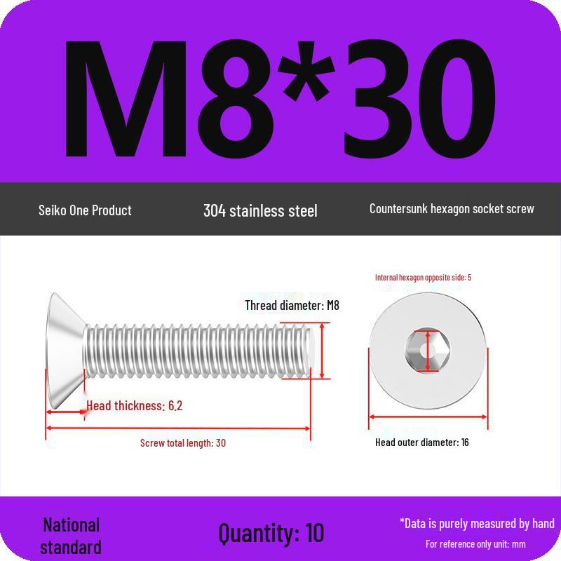 M2-M10 Stainless Steel Flat Head Machine Screws and Bolts Set, Countersunk Hex Socket Cap, 304 Grade.