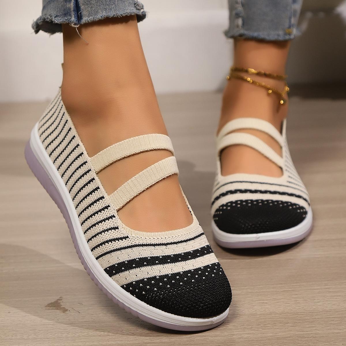 

Мода 2025 Новые полосатые вязаные кроссовки на платформе Женские дышащие сетчатые нескользящие спортивные туфли Женские удобные слипоны для ходьбы Mujer 41 чёрный