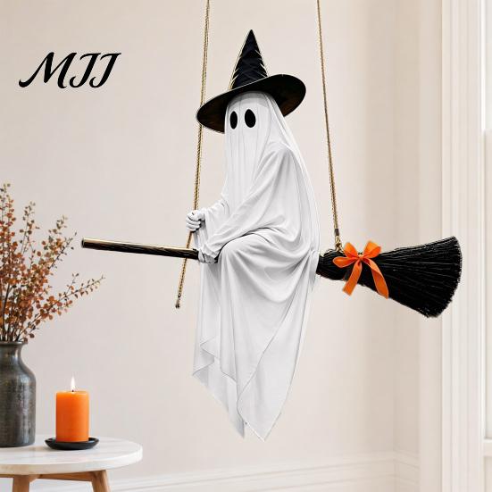 Outdoor Halloween Porch Decor Hanging Ghost Decoration with Witch Hat and Broom, Spooky Flying Wizard Ornament for Haunted House Tree Yard,