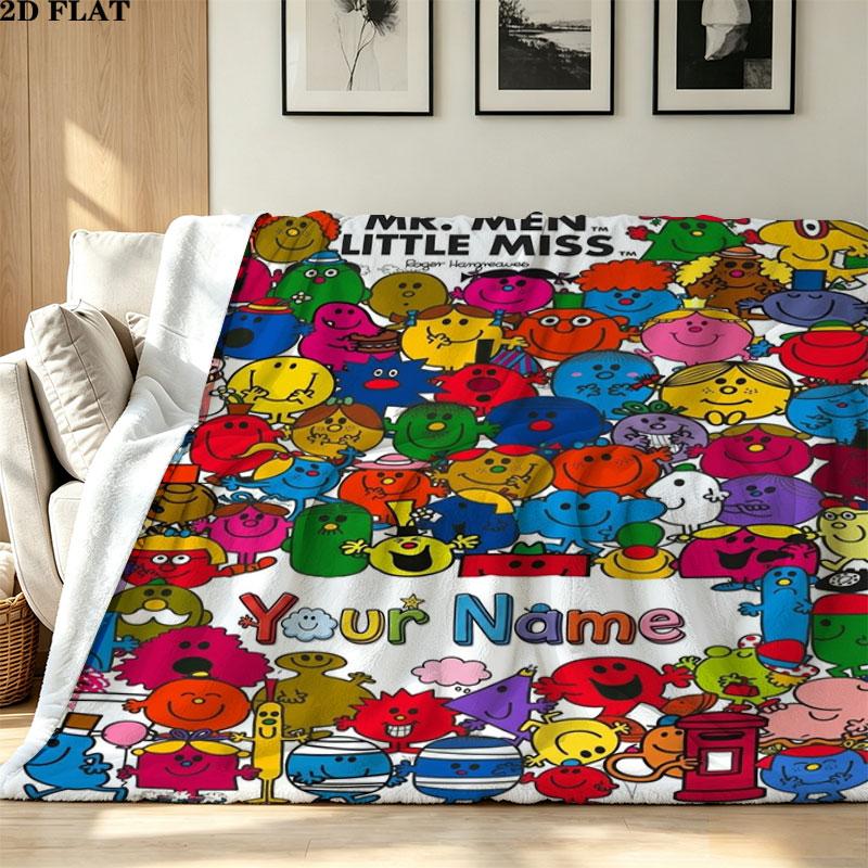 1PC Mr. Men Little Miss Custom Name Patterned Flannel Blanket Suitable For All Seasons for Home Decor Warmth and Comfort Gifts Holiday Present