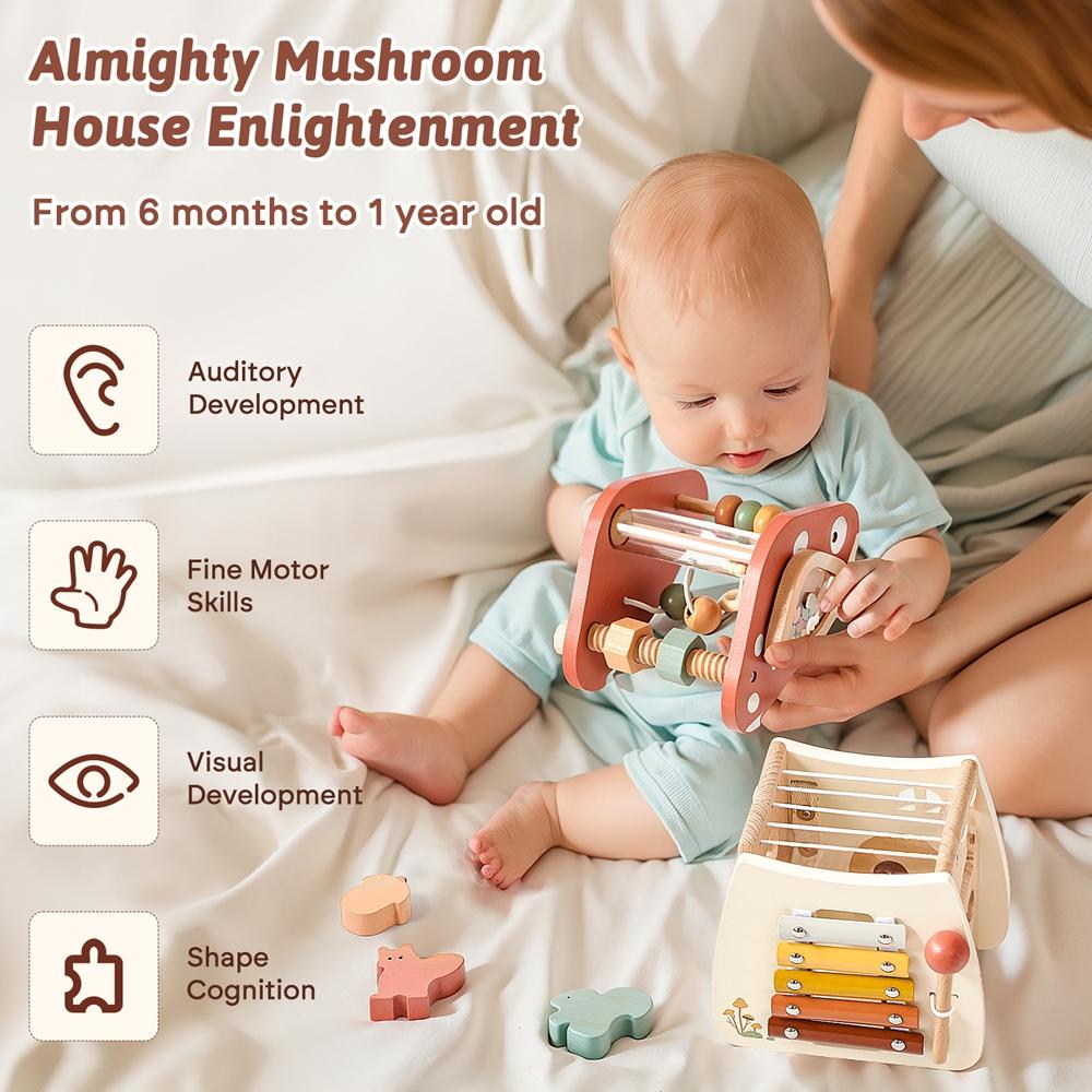Baby Wooden Block Educational Wooden Building Block Mix Puzzle Toys Mushroom Five In One Table Toys Multifunctional Busy Toys